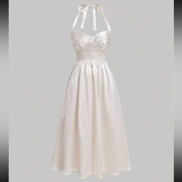 White Ruched Bust Tie Halter Dress - Picture 3 of 4